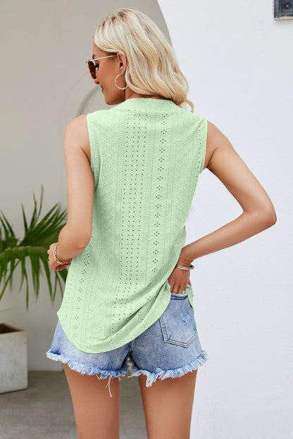 Notched Neck Curved Hem Eyelet Tank-Teresa&#39;s Fashionista LLC