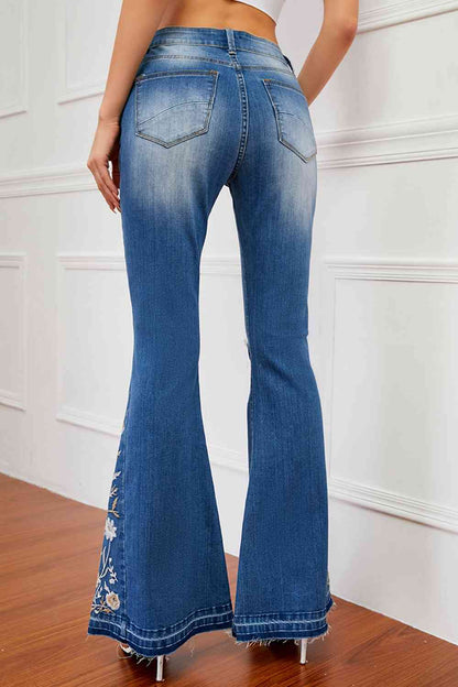 Full Size Flower Embroidery Distressed Jeans-Teresa&#39;s Fashionista LLC