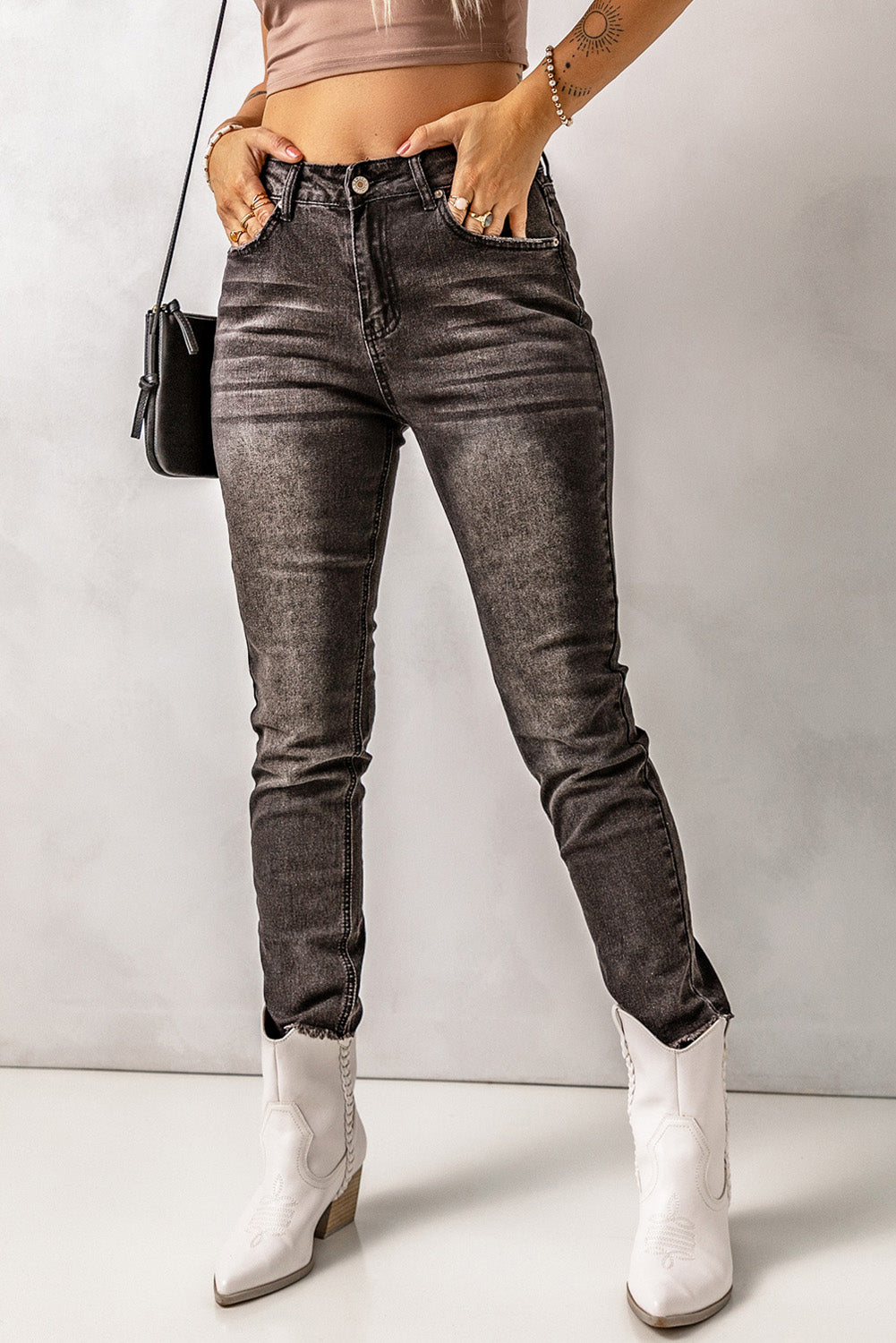 High Waist Raw Hem Skinny Jeans-Teresa&#39;s Fashionista LLC