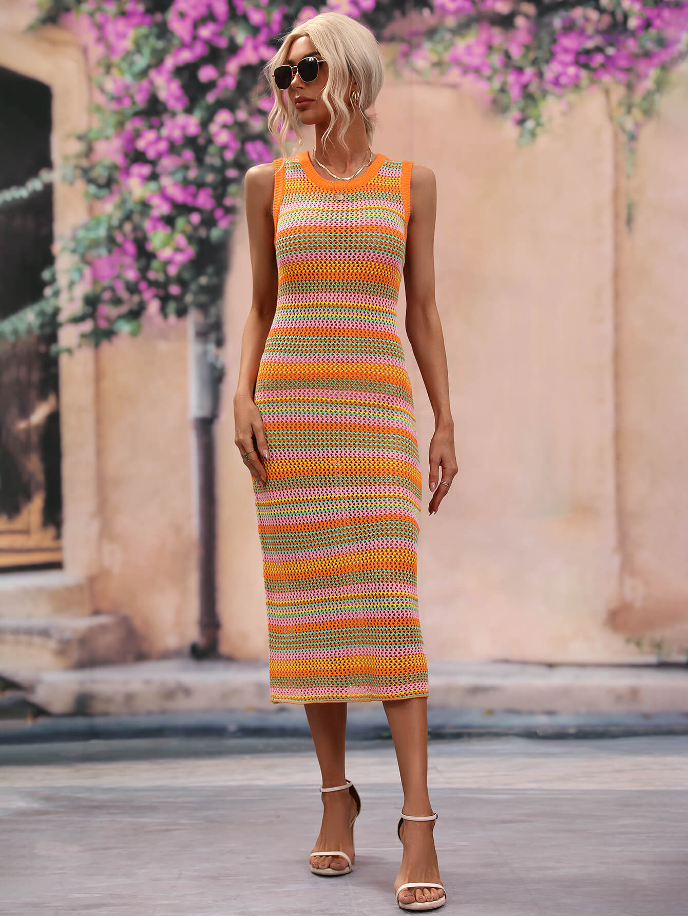 Striped Round Neck Sleeveless Midi Cover Up Dress-Teresa&#39;s Fashionista LLC