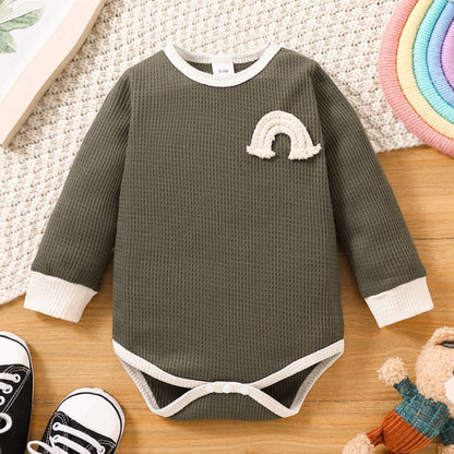 Baby Contrast Trim Waffle-Knit Long Sleeve Bodysuit-Teresa&#39;s Fashionista LLC