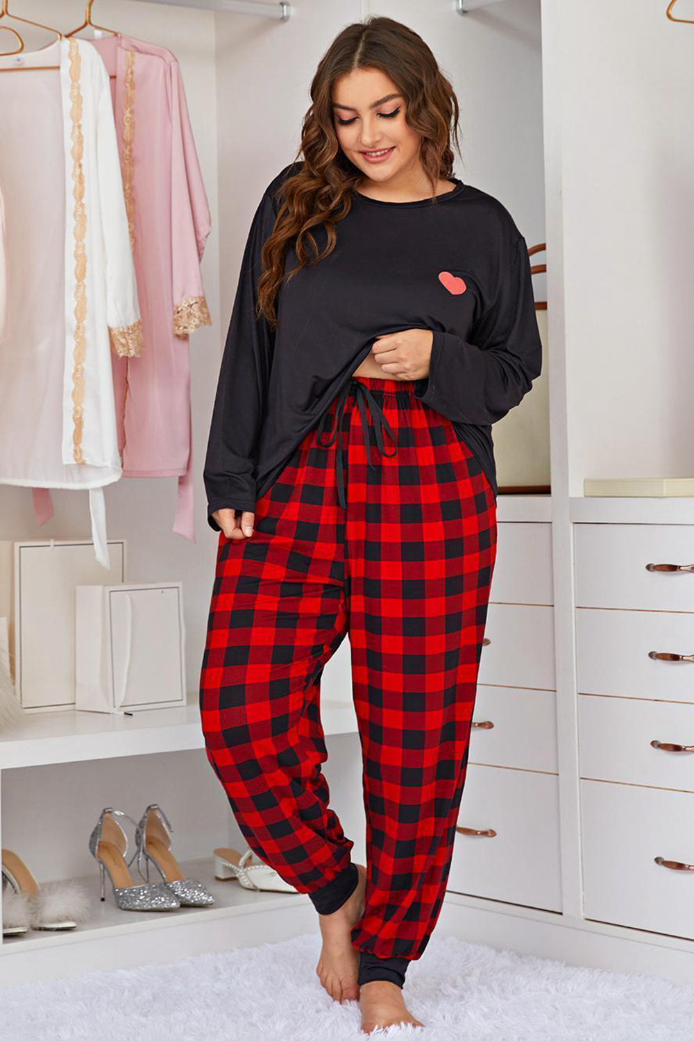 Plus Size Heart Graphic Top and Plaid Joggers Lounge Set-Teresa&#39;s Fashionista LLC