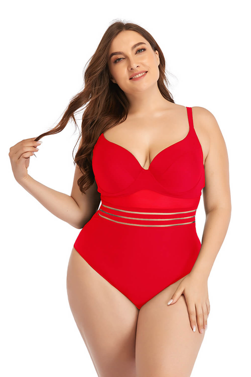 Plus Size Spliced Mesh Tie-Back One-Piece Swimsuit-Teresa&#39;s Fashionista LLC