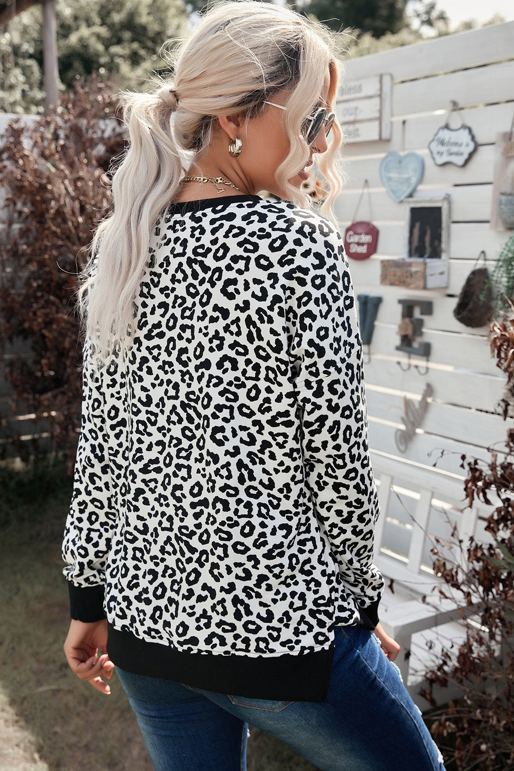 Leopard Contrast Trim Side Slit Sweatshirt-Teresa&#39;s Fashionista LLC