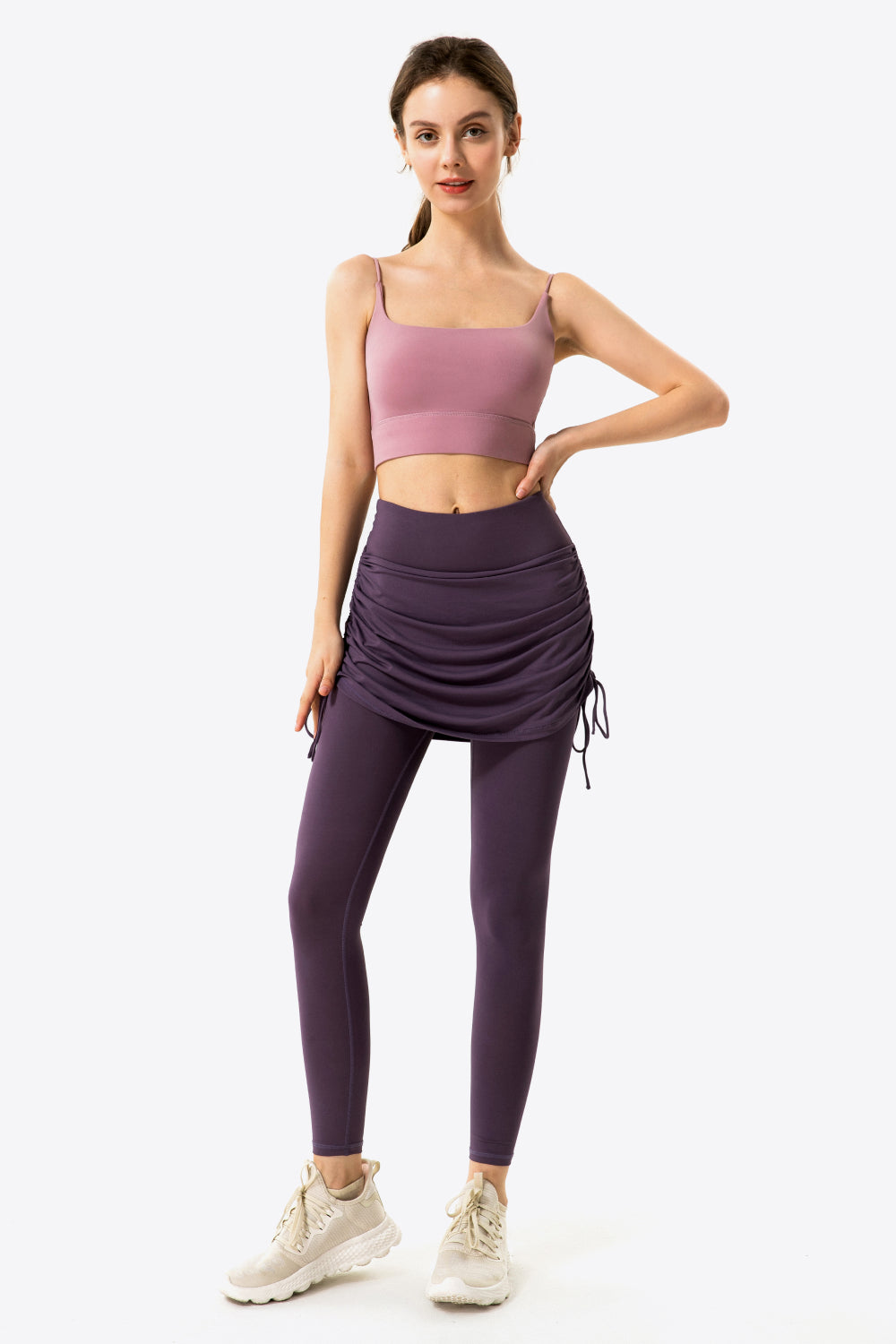 Drawstring Ruched Faux Layered Yoga Leggings-Teresa&#39;s Fashionista LLC