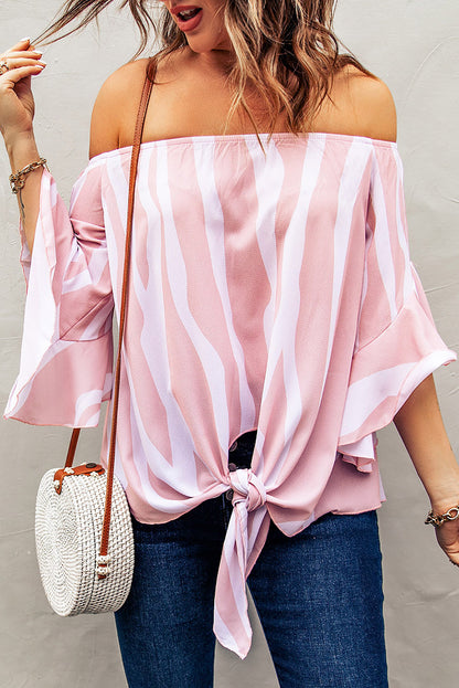 Striped Tie Front Flounce Sleeve Blouse-Teresa&#39;s Fashionista LLC