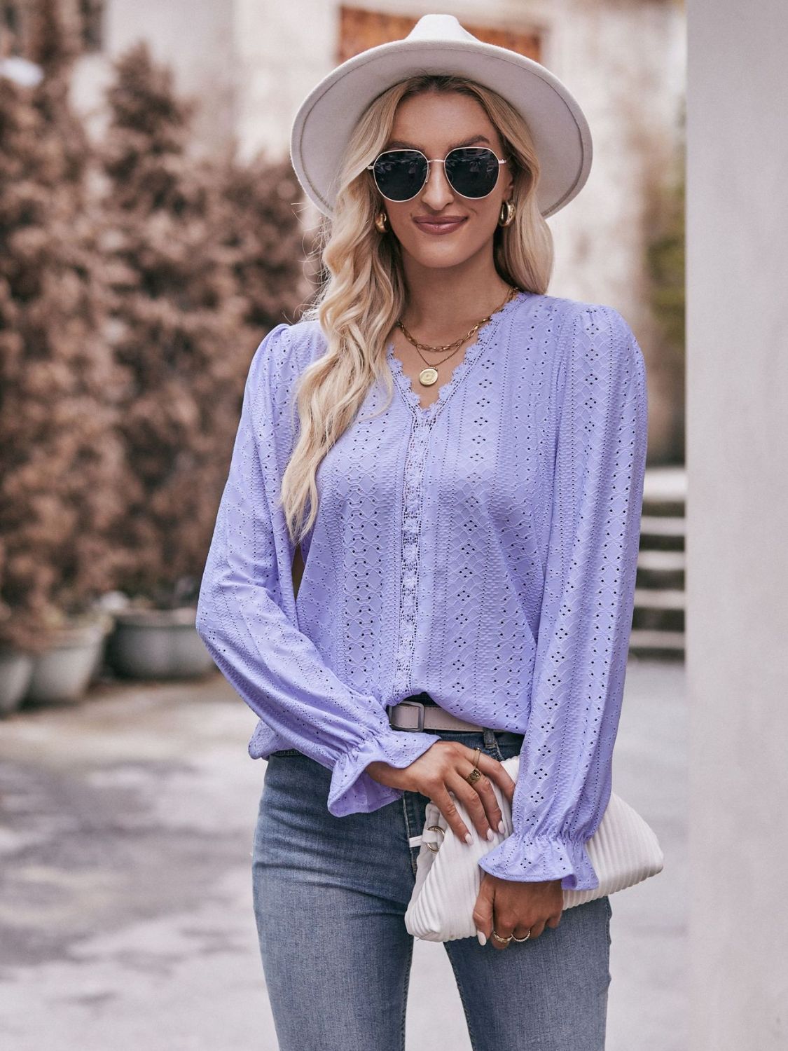 Eyelet V-Neck Flounce Sleeve Blouse-Teresa&#39;s Fashionista LLC