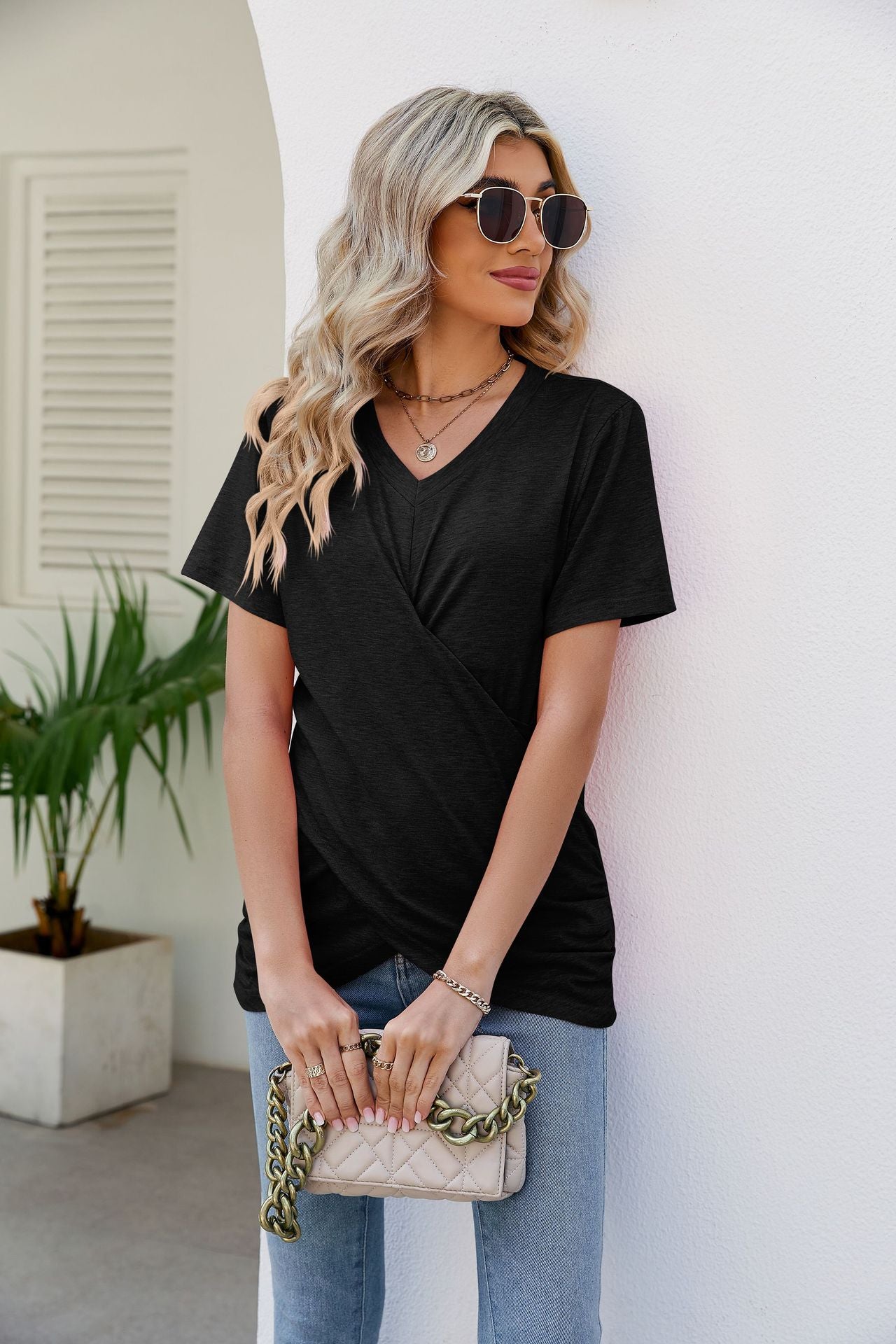 V-Neck Crisscross Short Sleeve Tee-Teresa&#39;s Fashionista LLC