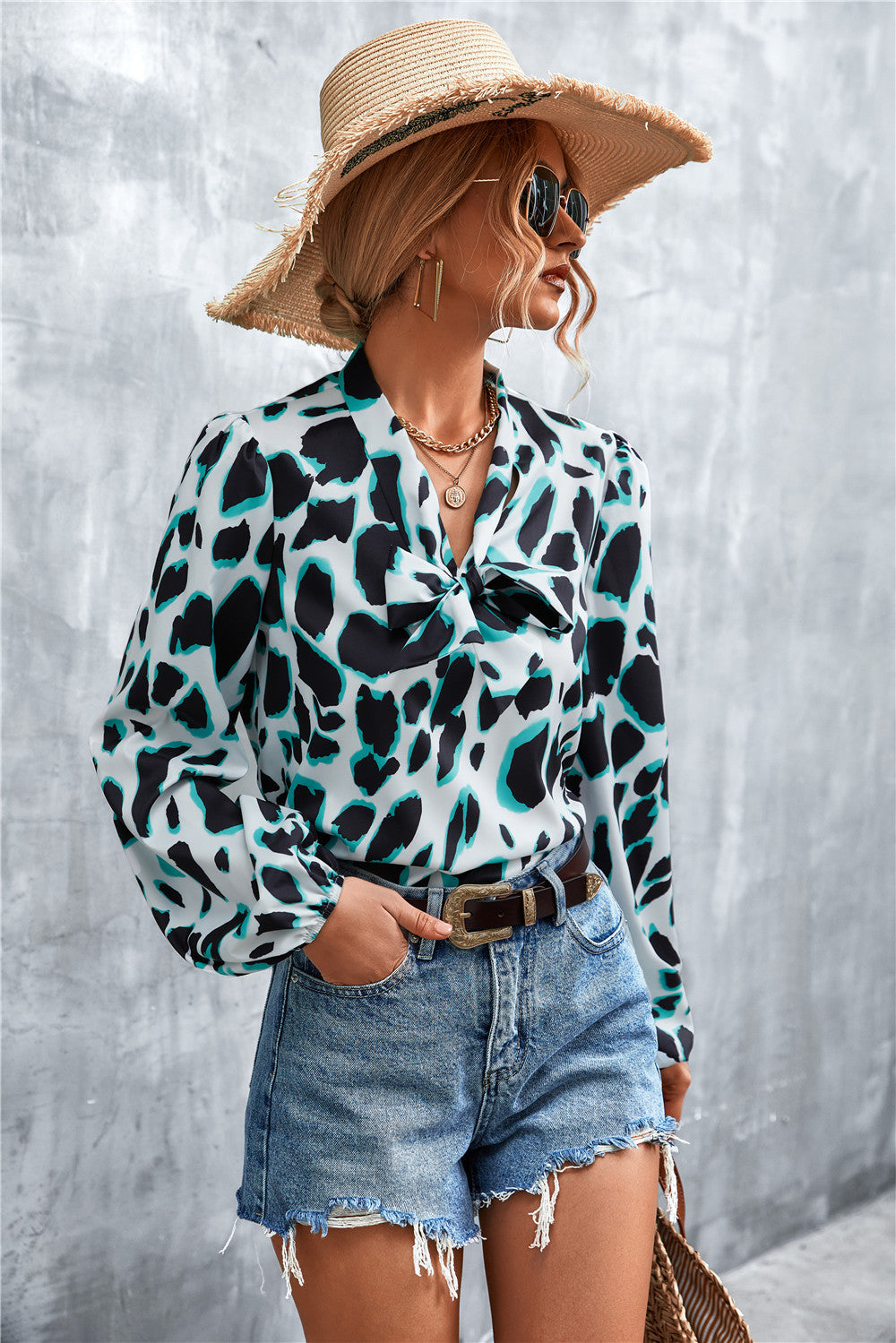 Printed Tie Neck Puff Sleeve Blouse-Teresa&#39;s Fashionista LLC