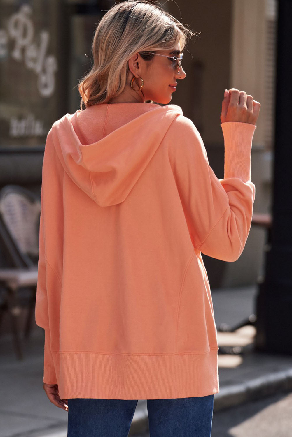 Quarter-Snap Dropped Shoulder Hoodie-Teresa&#39;s Fashionista LLC