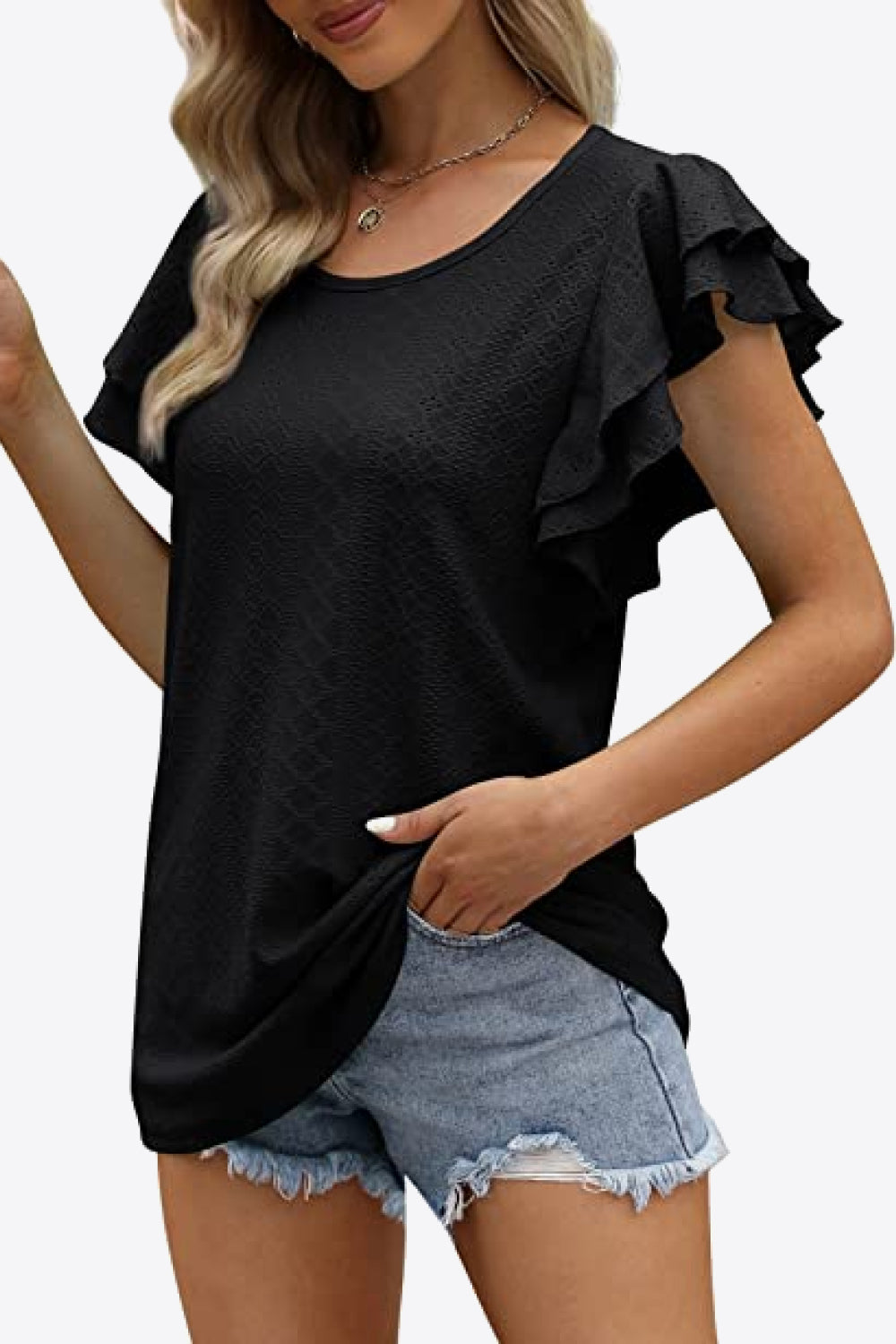 Round Neck Layered Flutter Sleeve Blouse-Teresa&#39;s Fashionista LLC