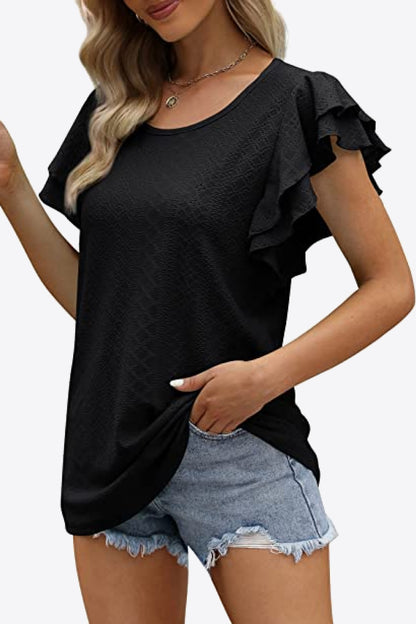 Round Neck Layered Flutter Sleeve Blouse-Teresa&#39;s Fashionista LLC