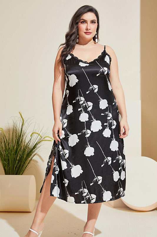 Plus Size Floral Lace Trim Side Slit Night Dress-Teresa&#39;s Fashionista LLC