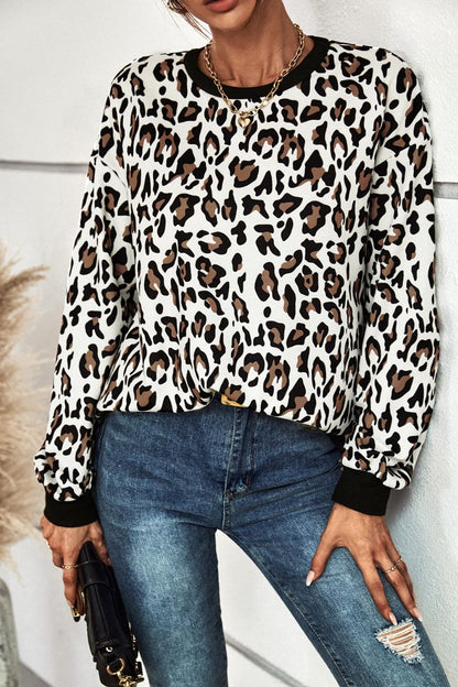 Leopard Round Neck Dropped Shoulder Sweatshirt-Teresa&#39;s Fashionista LLC