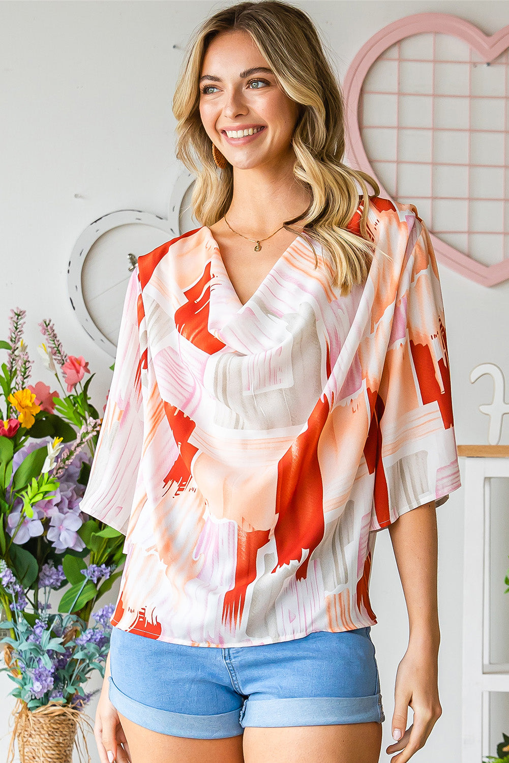 Printed Cowl Neck Half Sleeve Blouse-Teresa&#39;s Fashionista LLC