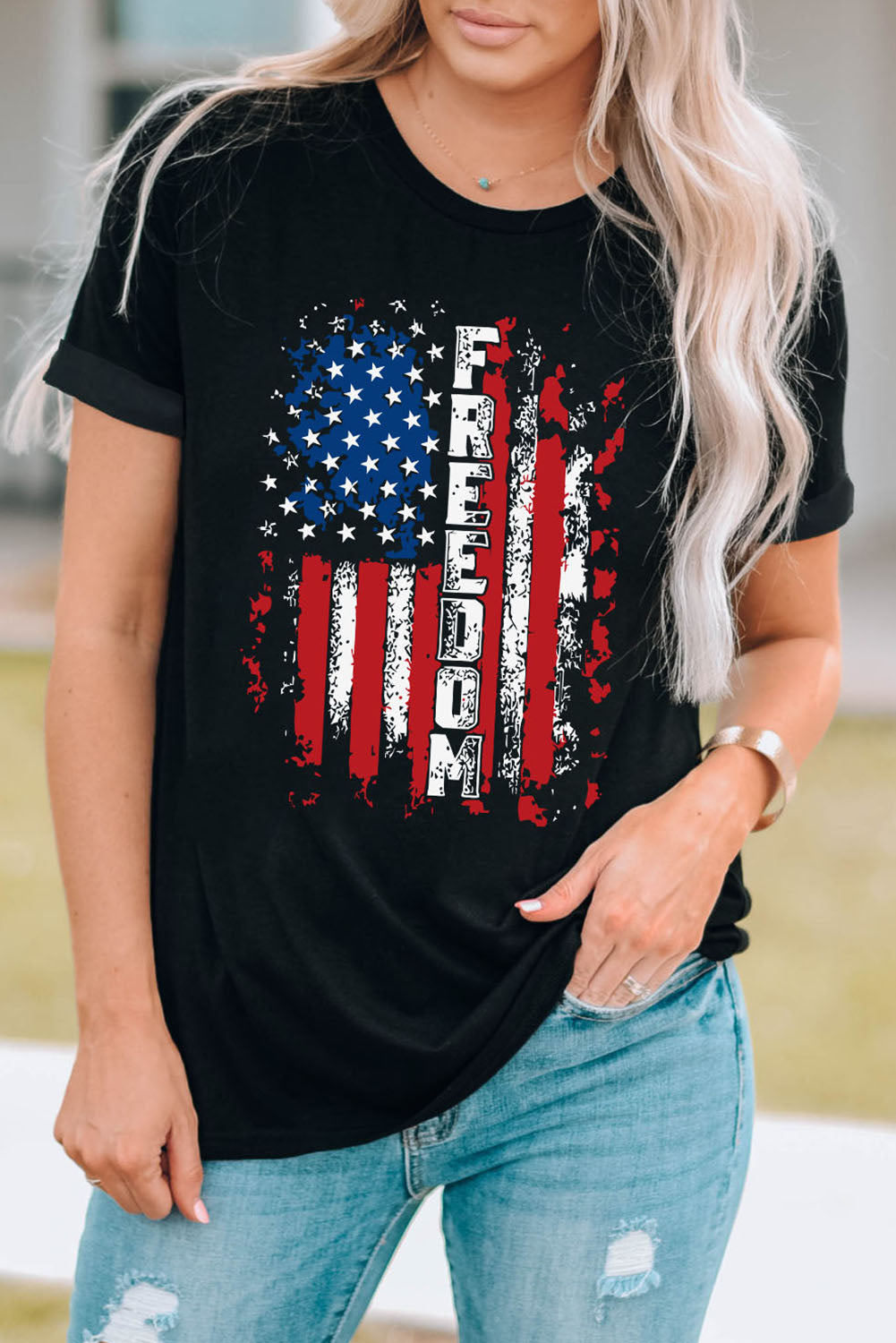 FREEDOM US Flag Graphic Round Neck Tee-Teresa&#39;s Fashionista LLC