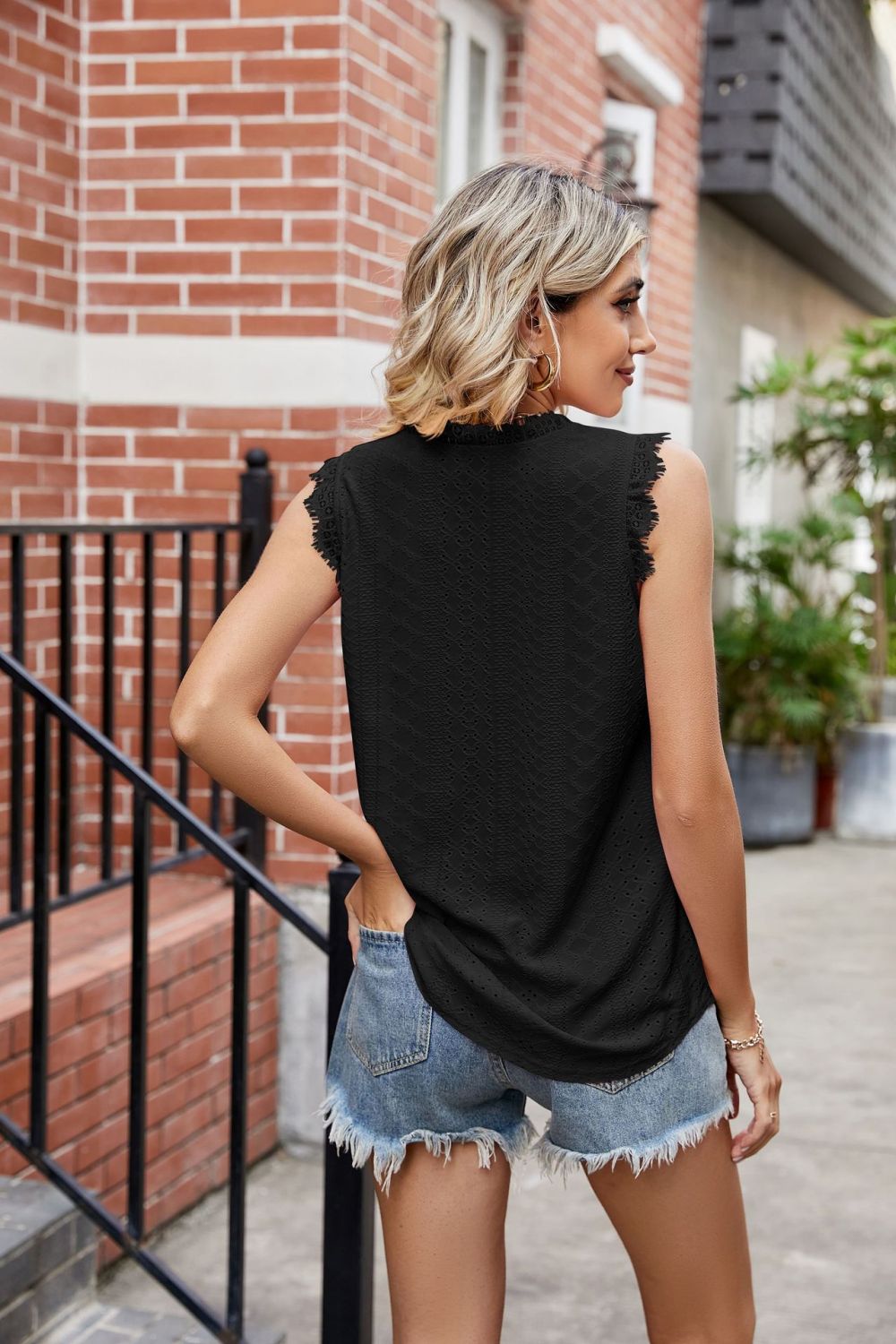 Eyelet Lace Trim Eyelash V-Neck Tank-Teresa&#39;s Fashionista LLC