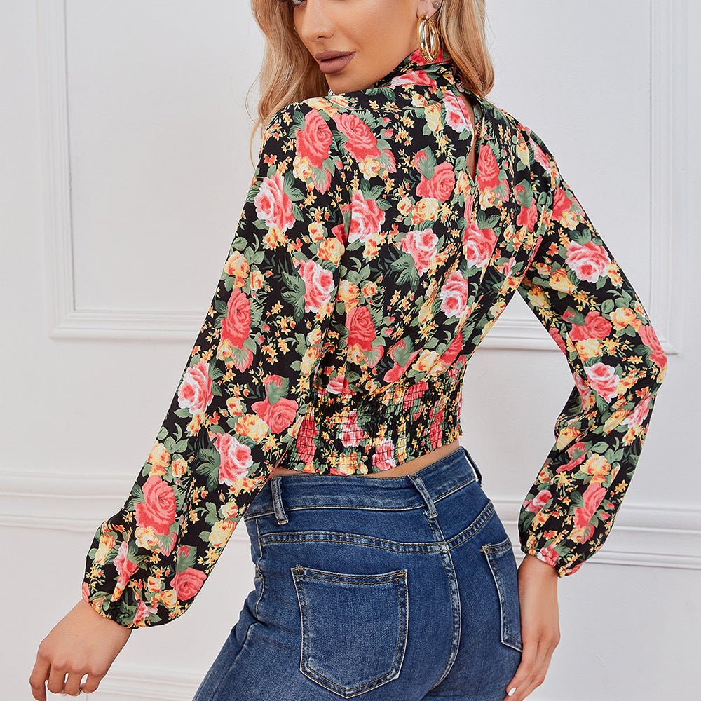 Cropped Floral Print Smocked Waist Blouse-Teresa&#39;s Fashionista LLC