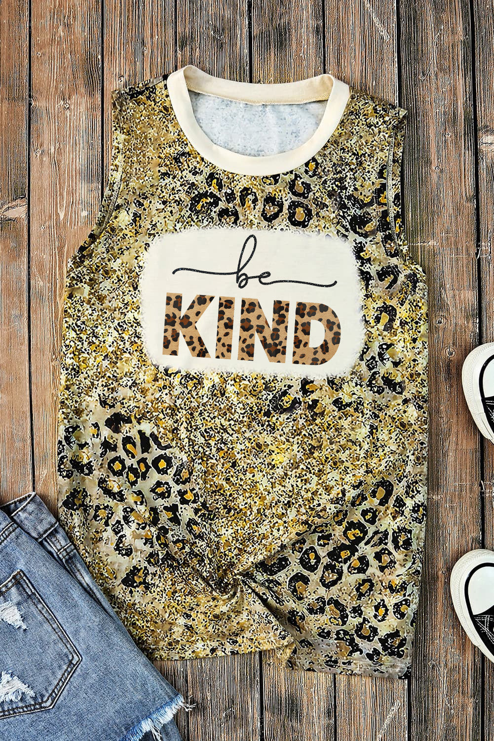 BE KIND Graphic Leopard Round Neck Tank-Teresa&#39;s Fashionista LLC