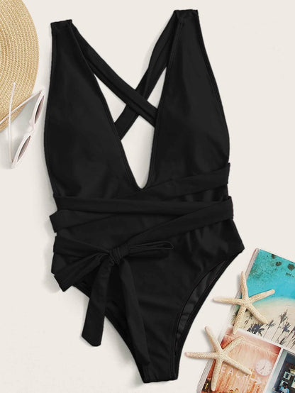 Halter Neck Deep V Tied One-Piece Swimsuit-Teresa&#39;s Fashionista LLC