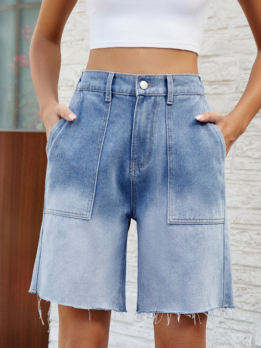 Buttoned Raw Hem Denim Shorts with Pockets - Teresa's Fashionista LLC