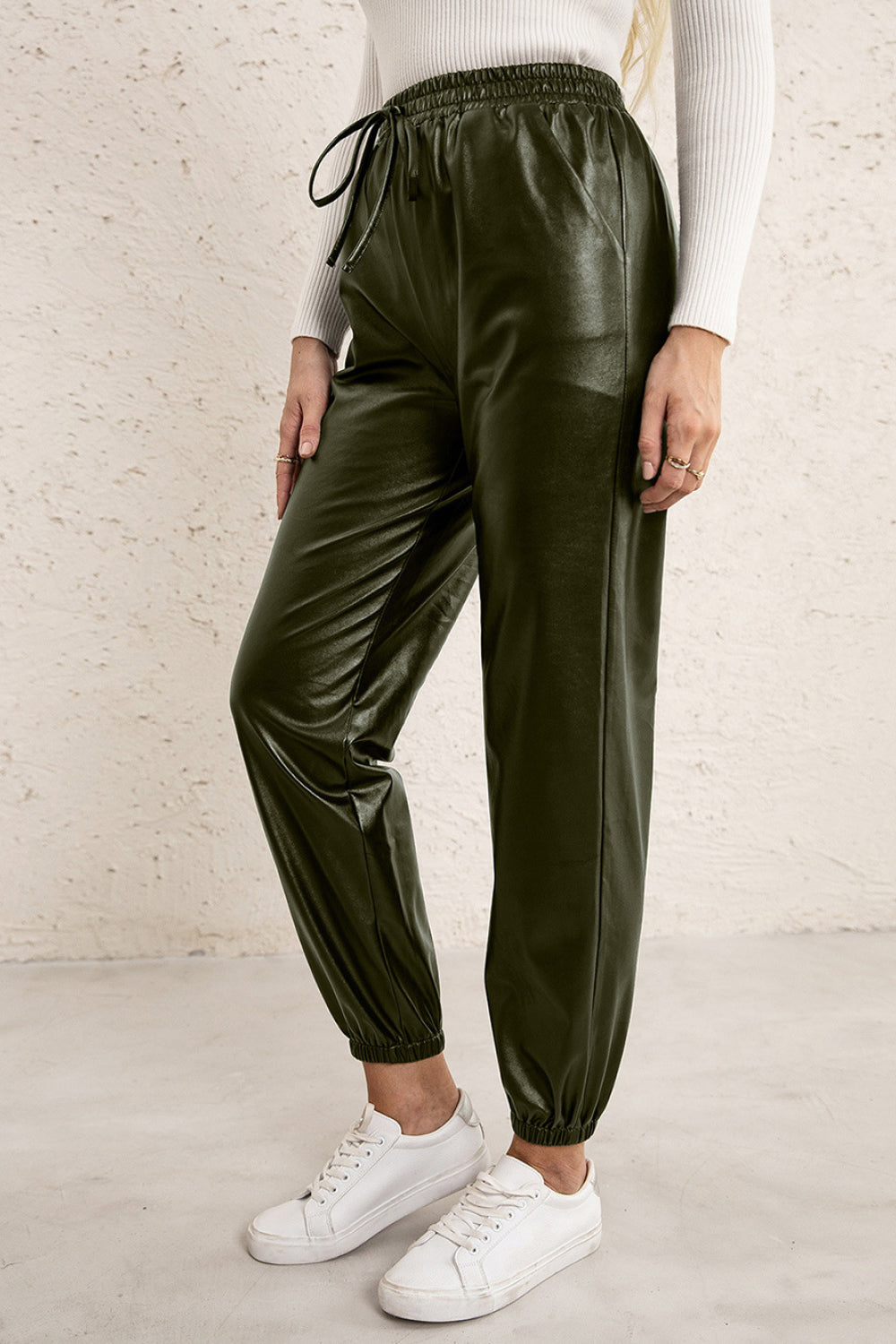 Elastic Waist PU Leather Joggers-Teresa&#39;s Fashionista LLC