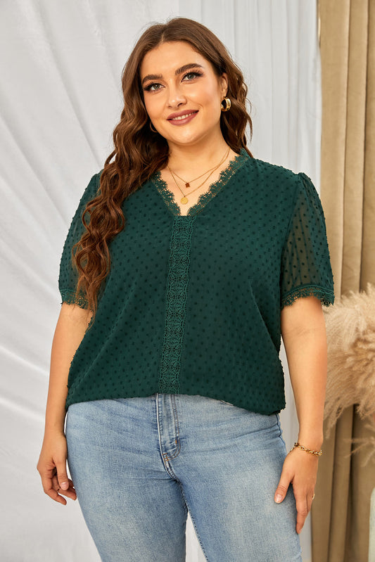 Plus Size Swiss Dot Spliced Lace V-Neck Blouse-Teresa&#39;s Fashionista LLC