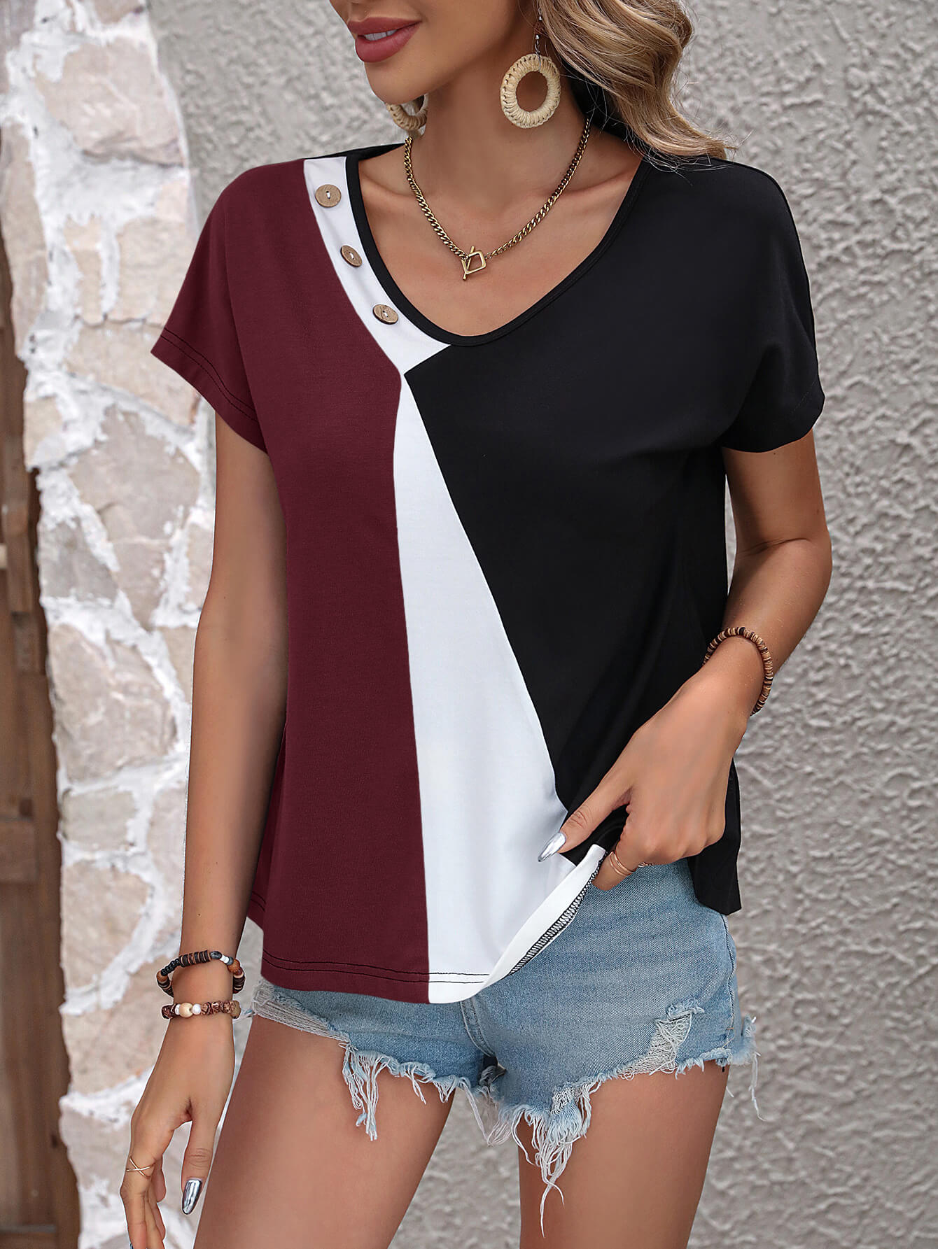 Color Block Decorative Button V-Neck Tee-Teresa&#39;s Fashionista LLC