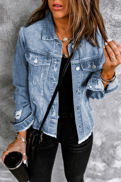 Distressed Raw Hem Denim Jacket-Teresa&#39;s Fashionista LLC