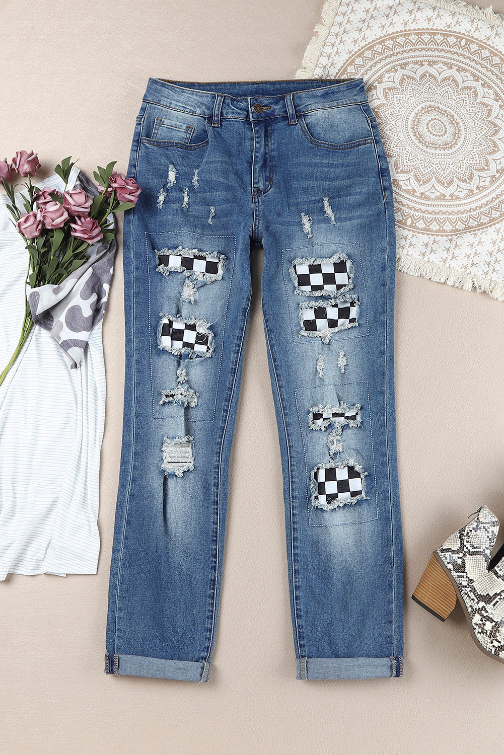 Checkered Patchwork Mid Waist Distressed Jeans-Teresa&#39;s Fashionista LLC