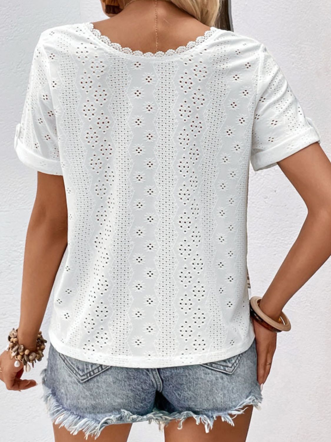 Eyelet Short Sleeve Double-Sided Shirt-Teresa&#39;s Fashionista LLC