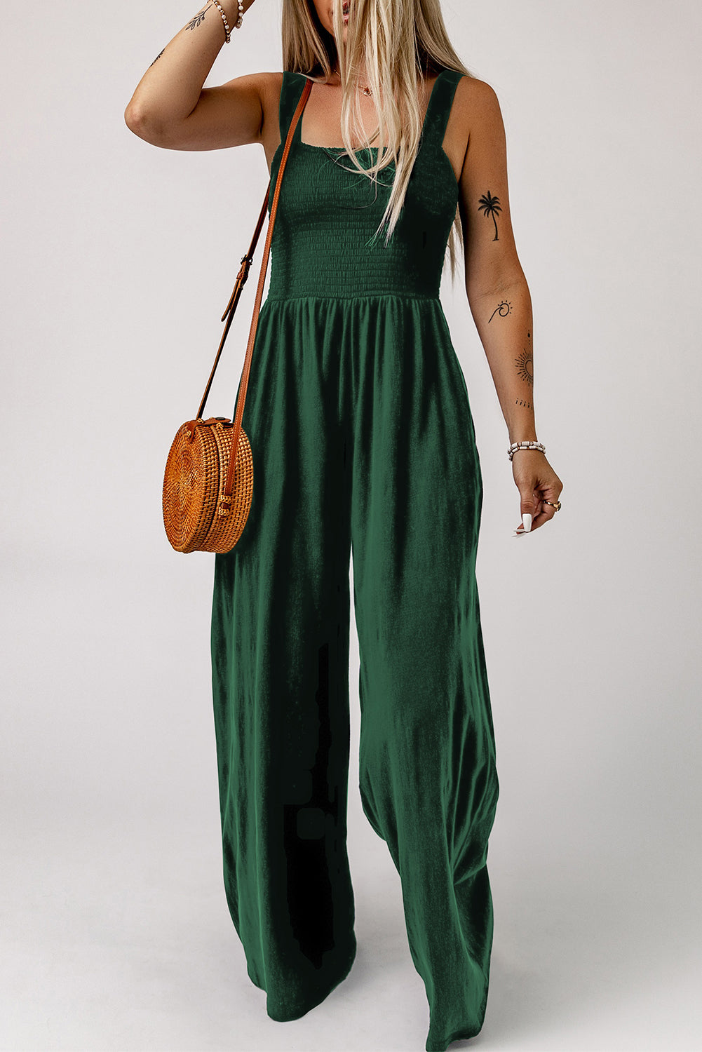 Smocked Square Neck Wide Leg Jumpsuit with Pockets-Teresa&#39;s Fashionista LLC