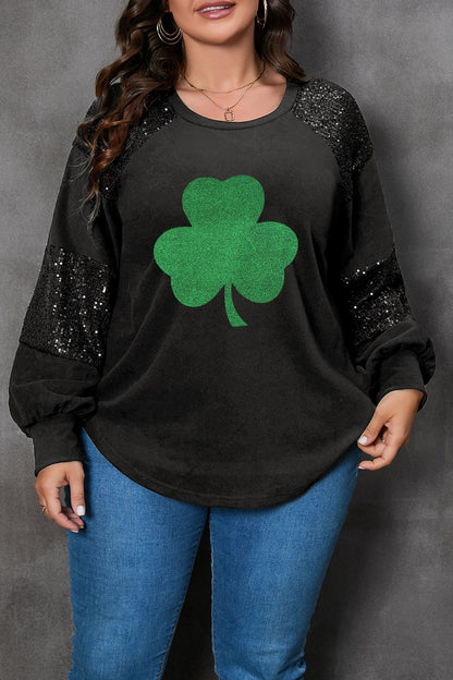 Plus Size Lucky Clover Sequin Round Neck Blouse-Teresa&#39;s Fashionista LLC