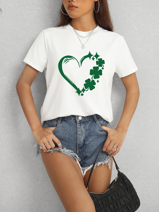 Heart Lucky Clover Round Neck Short Sleeve T-Shirt-Teresa&#39;s Fashionista LLC