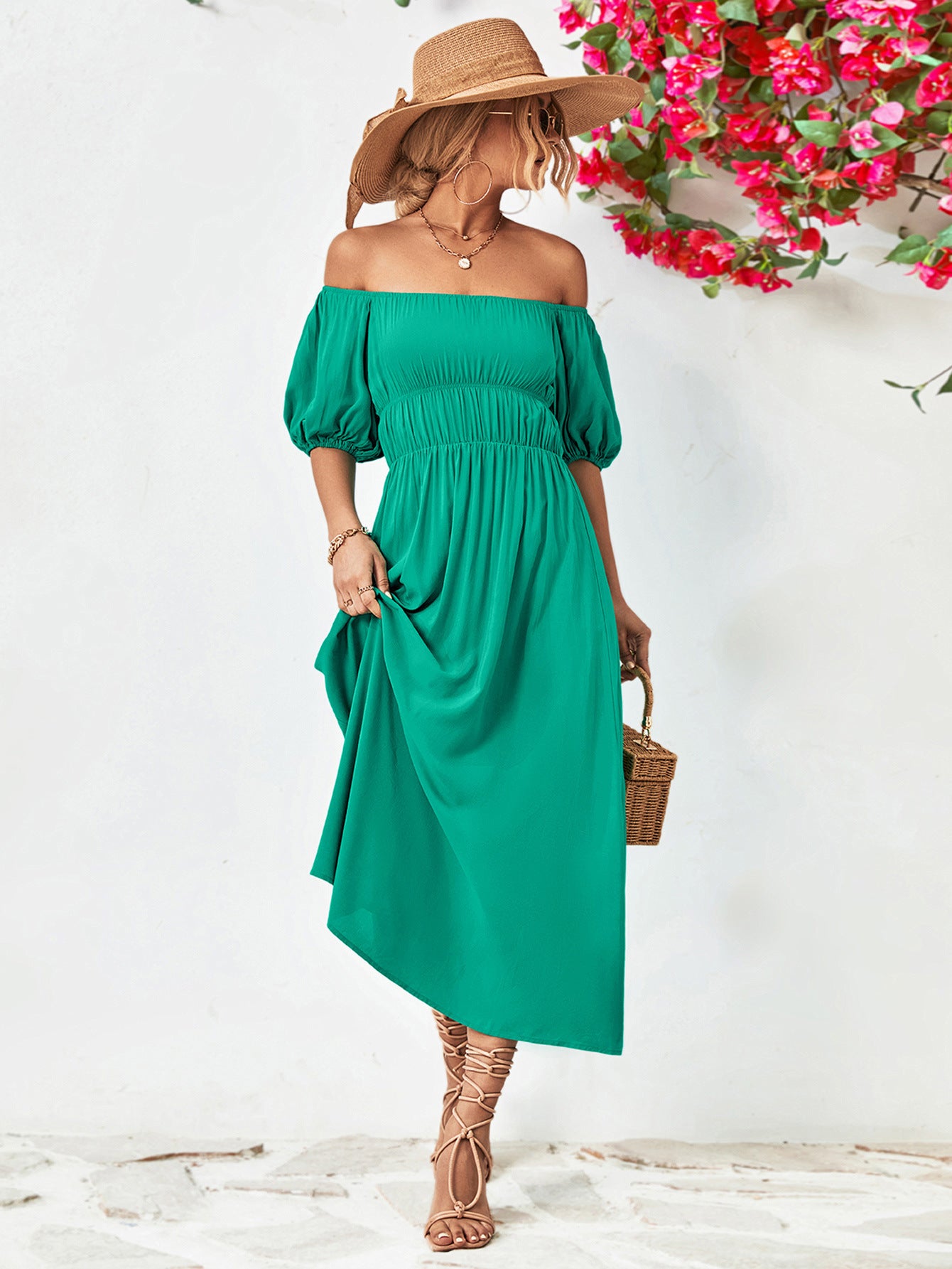 Off-Shoulder Balloon Sleeve Midi Dress-Teresa&#39;s Fashionista LLC