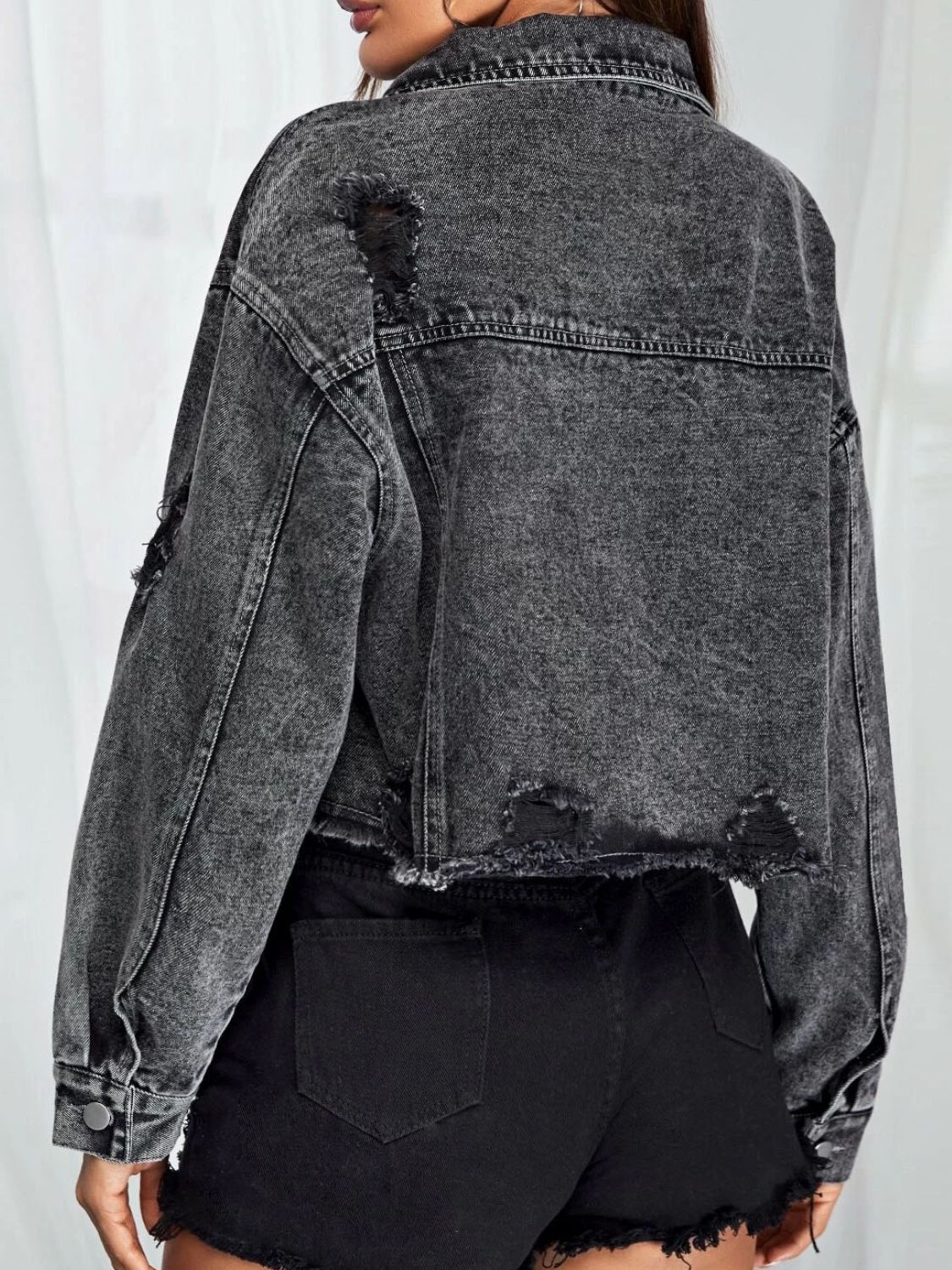 Collared Neck Dropped Shoulder Button-Down Denim Jacket-Teresa&#39;s Fashionista LLC