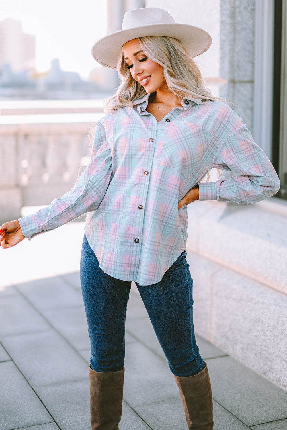 Plaid Button-Up Dropped Shoulder Shirt-Teresa&#39;s Fashionista LLC