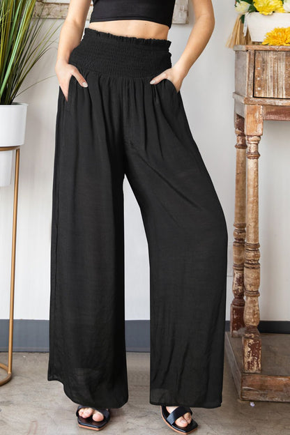 Smocked Waist Wide Leg Pants with Pockets-Teresa&#39;s Fashionista LLC