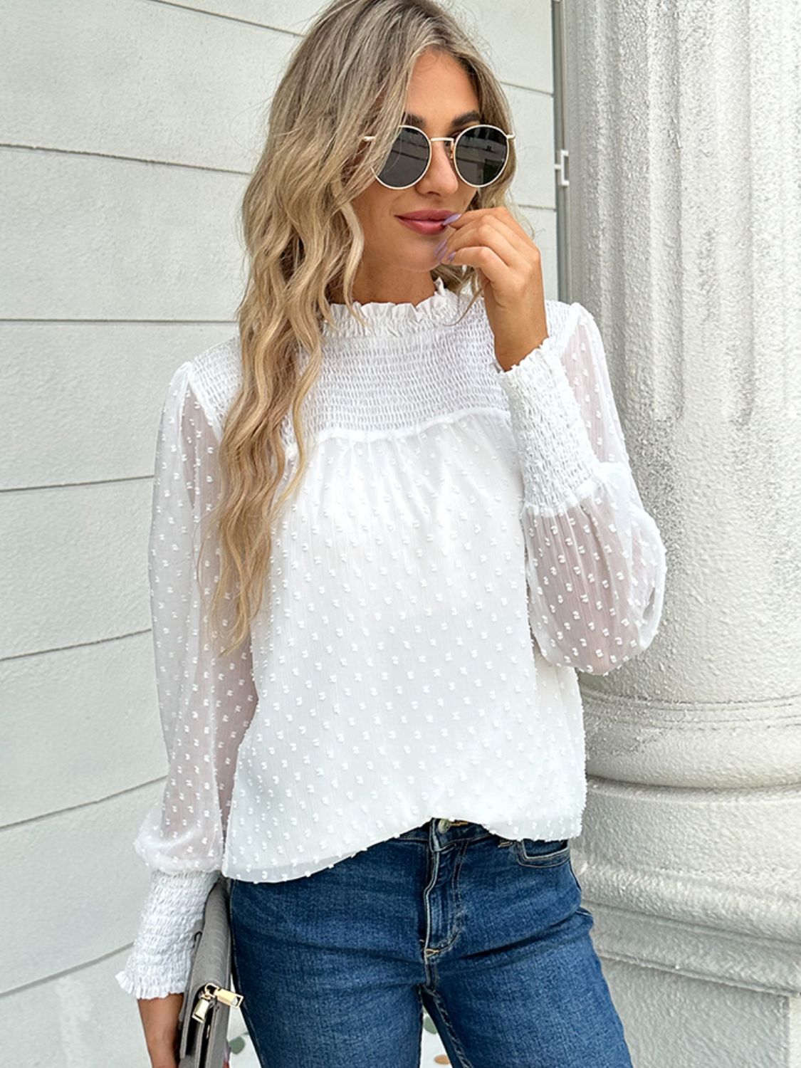 Swiss Dot Smocked Mock Neck Blouse-Teresa&#39;s Fashionista LLC