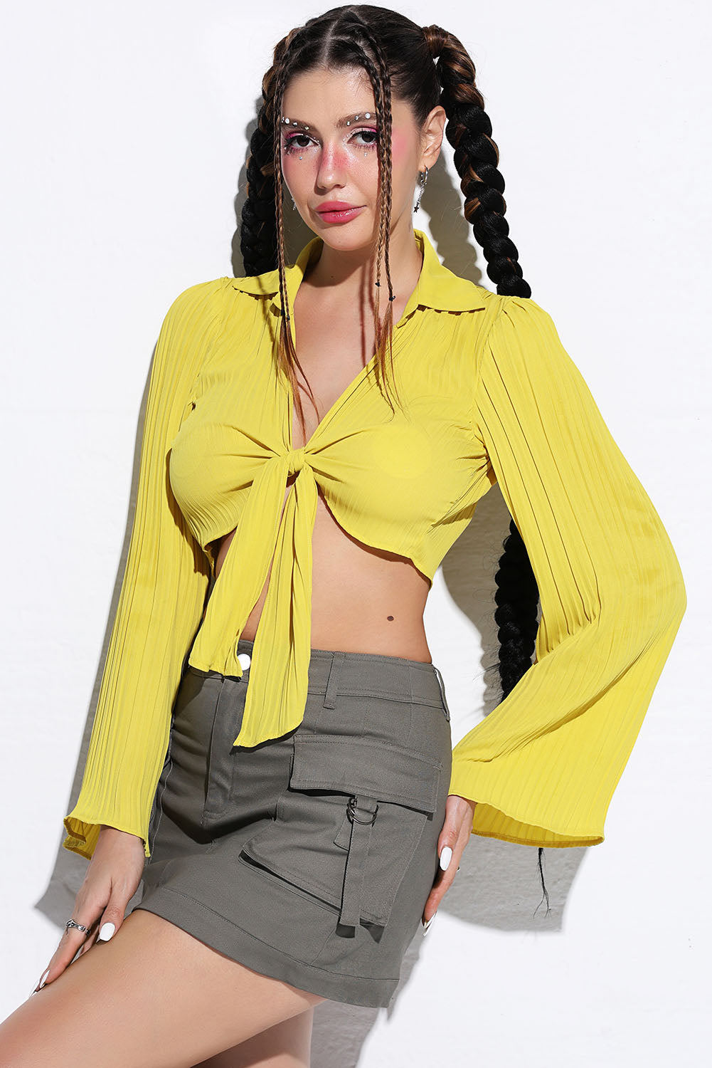 Tie Front Johnny Collar Flare Sleeve Cropped Top-Teresa&#39;s Fashionista LLC