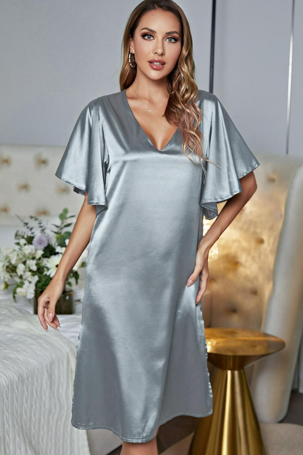 Satin Flutter Sleeve Side Slit V-Neck Night Dress-Teresa&#39;s Fashionista LLC