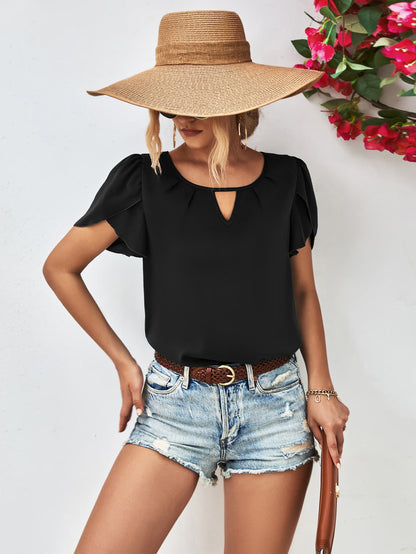 Cutout Round Neck Petal Sleeve Blouse-Teresa&#39;s Fashionista LLC