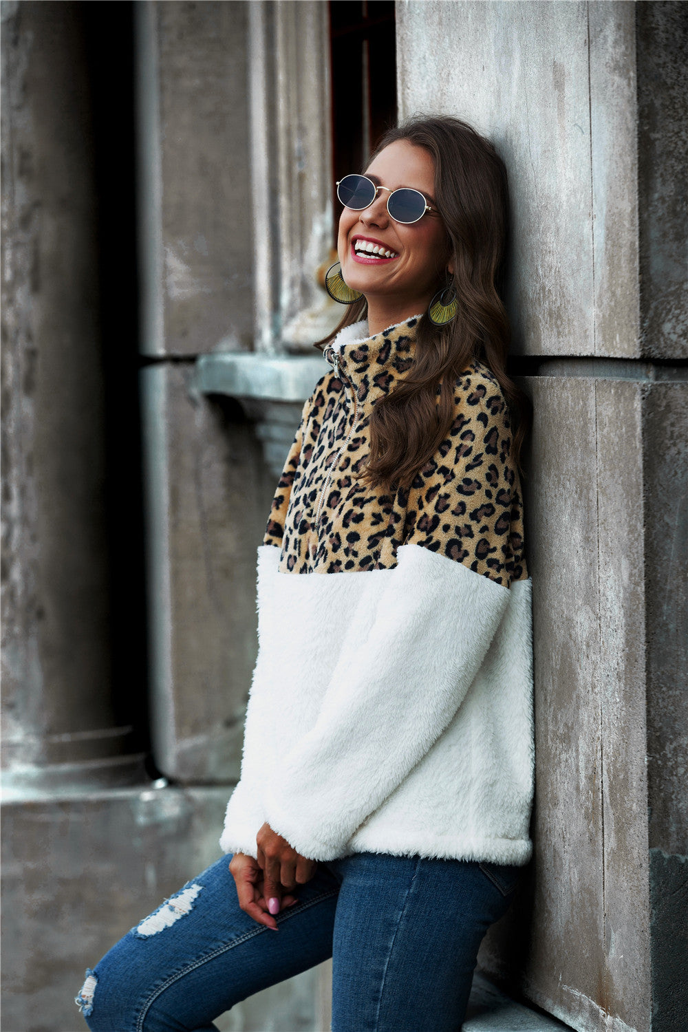 Leopard Color Block Half-Zip Collar Teddy Sweatshirt-Teresa&#39;s Fashionista LLC