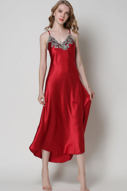 Full Size Lace Trim V-Neck Spaghetti Strap Satin Night Dress-Teresa&#39;s Fashionista LLC