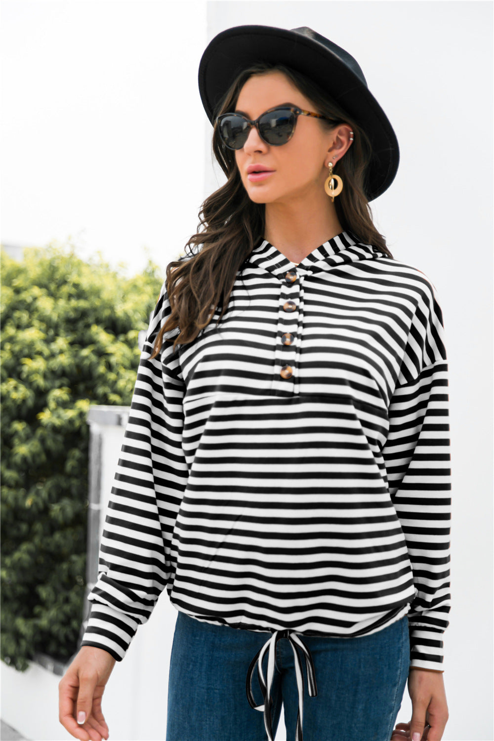 Striped Half-Button Dropped Shoulder Hoodie-Teresa&#39;s Fashionista LLC