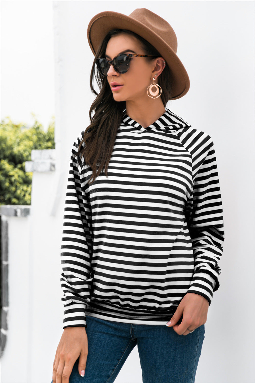 Horizontal Stripe Raglan Sleeve Hoodie-Teresa&#39;s Fashionista LLC