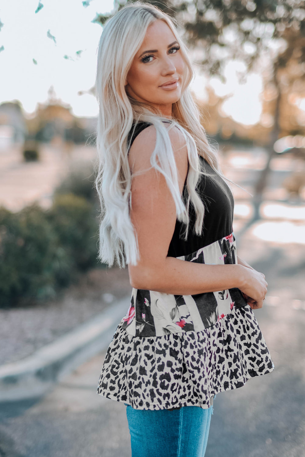 Leopard Floral Color Block V-Neck Tank Top-Teresa&#39;s Fashionista LLC