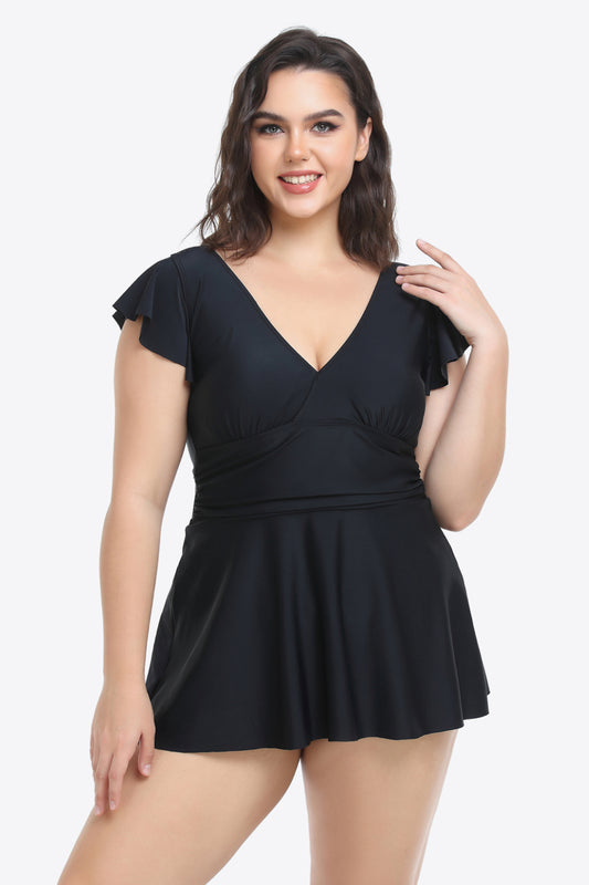 Plus Size Ruffled Plunge Swim Dress and Bottoms Set-Teresa&#39;s Fashionista LLC