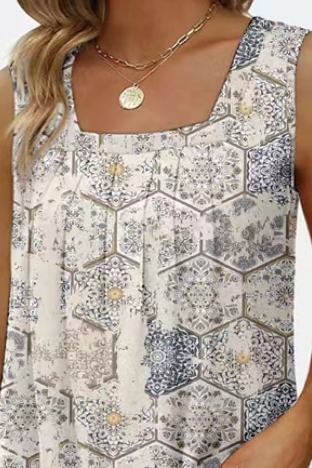 Printed Square Neck Curved Hem Tank-Teresa&#39;s Fashionista LLC