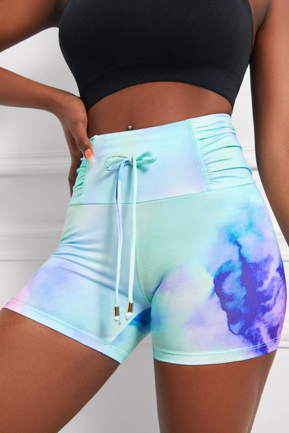 Tie-Dye Tie Detail Ruched Sports Shorts-Teresa&#39;s Fashionista LLC